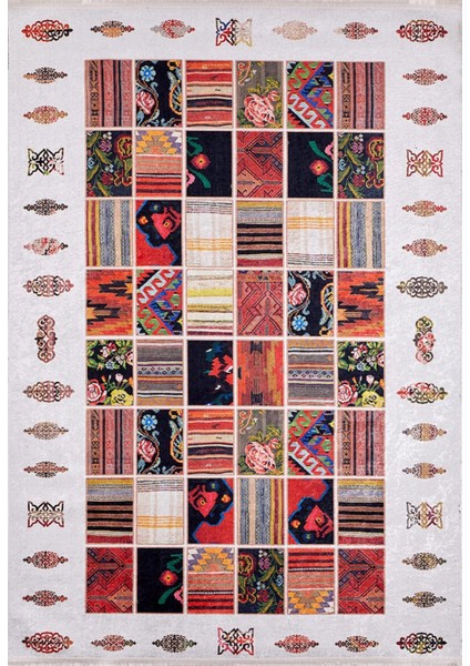 Alberta Beyaz Patchwork Etnik Modern Desenli Makinada Yıkanabilir Hav Toz Vermez Leke Tutmayan Kaymaz Taban Dijital Makine Baskı Salon Yolluk Mutfak Halı