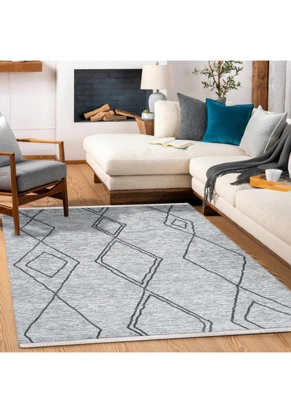 Geometrik Gri Pamuk Dikdörtgen Modern Desenli Pamuk Makinada Yıkanabilir Hav Toz Vermez Leke Tutmayan Kaymaz Taban Dijital Makine Baskı Salon Yolluk Mutfak Halı fırsatları
