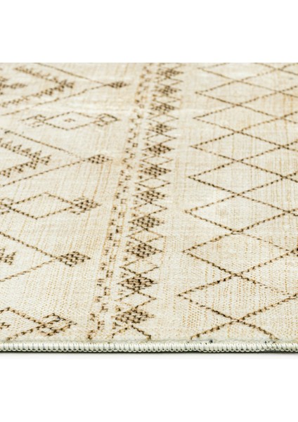Pravin Krem Geometrik Etnik Modern Desenli Kadife Makinada Yıkanabilir Hav Toz Vermez Leke Tutmayan Kaymaz Taban Dijital Makine Baskı Salon Yolluk Mutfak Halı modelleri