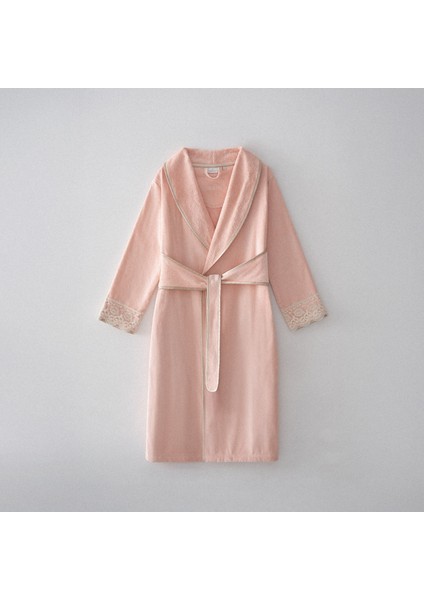 Tuğsen Kadın Bornoz %100 Organik Pamuk Güpürlü Pudra