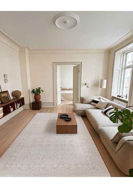 Krem Çerçeveli Etnik Modern Desenli Pamuk Makinada Yıkanabilir Hav Toz Vermez Leke Tutmayan Kaymaz Taban Dijital Makine Baskı Salon Yolluk Mutfak Halı modelleri