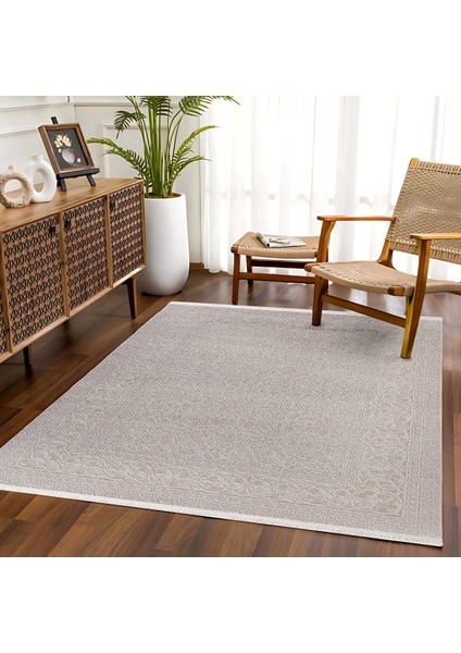 Krem Çerçeveli Etnik Modern Desenli Pamuk Makinada Yıkanabilir Hav Toz Vermez Leke Tutmayan Kaymaz Taban Dijital Makine Baskı Salon Yolluk Mutfak Halı fırsatları