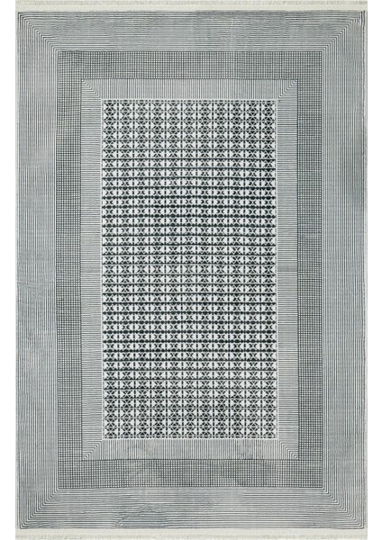 Pranali Gri Çerçeveli Etnik Modern Desenli Kadife Makinada Yıkanabilir Hav Toz Vermez Leke Tutmayan Kaymaz Taban Dijital Makine Baskı Salon Yolluk Mutfak Halı