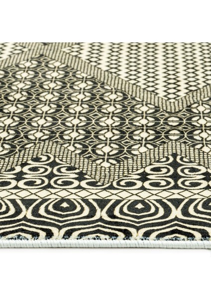 Pragathi Gri Geometrik Etnik Modern Desenli Kadife Makinada Yıkanabilir Hav Toz Vermez Leke Tutmayan Kaymaz Taban Dijital Makine Baskı Salon Yolluk Mutfak Halı modelleri