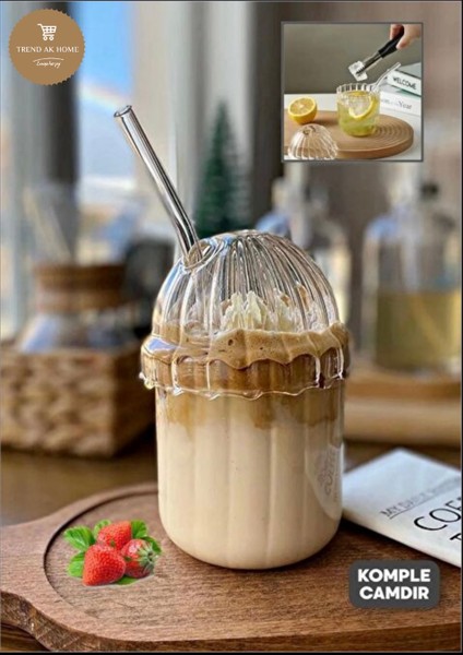 Pinterest Oval Kapaklı Mika Bardak Cam Pipet Hediyeli