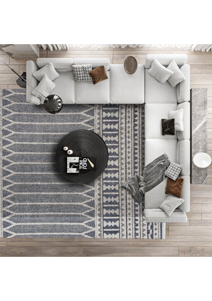 Mavi Geometrik Etnik Modern Desenli Pamuk Makinada Yıkanabilir Hav Toz Vermez Leke Tutmayan Kaymaz Taban Dijital Makine Baskı Salon Yolluk Mutfak Halı modelleri