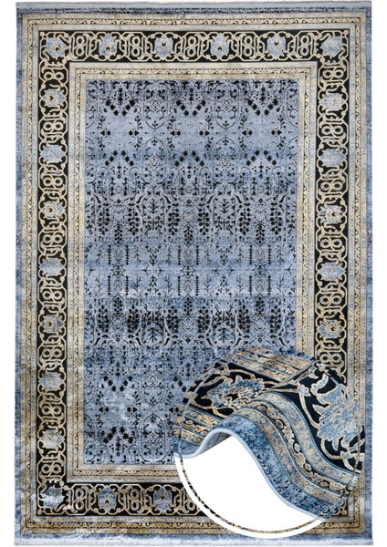 Klasik Lacivert Viskon Dikdörtgen Modern Desenli Akrilik Hav Vermeyen Leke Tutmayan Kolay Temizlenen Yumuşak Makine Salon Yolluk Mutfak Halı