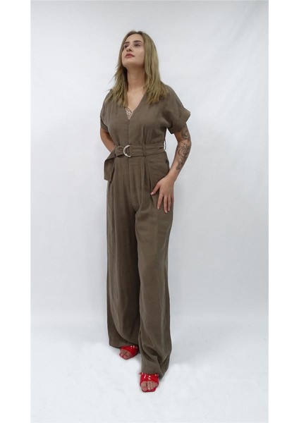 Kadın Nisan Kısa Kollu Kemer Detaylı Tulum