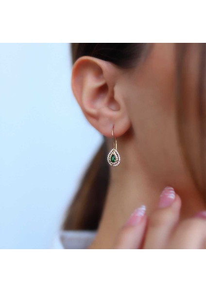 Yeşil Taşlı Damla Sallantılı Küpe