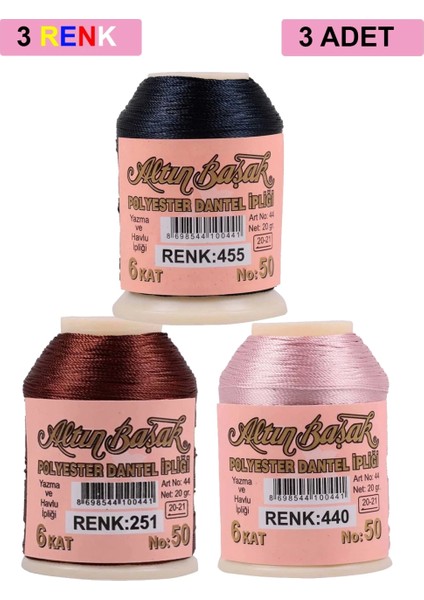 3 Adet Altınbaşak Oya ve Dantel Ipi 20 gr - - No: 251 - 440 - 455