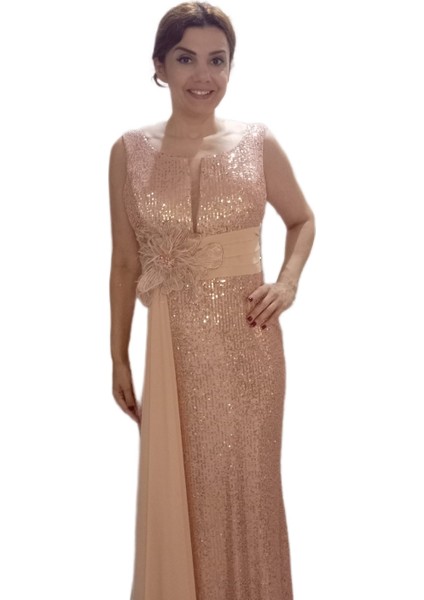 Büyük Beden Bakır Belinde Çiçek Detaylı Pul Payet Boydan Balık Abiye Elbise fiyatları