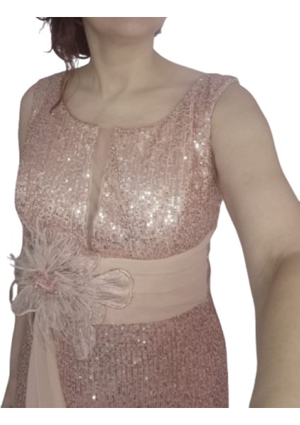 Büyük Beden Bakır Belinde Çiçek Detaylı Pul Payet Boydan Balık Abiye Elbise fırsatları