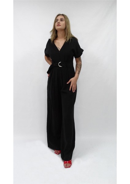 Kadın Nisan Kısa Kollu Kemer Detaylı Tulum