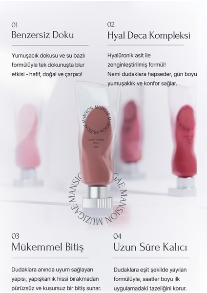 Hyalüronik Asit İçerikli, Nemlendirici ve Kalıcı Tint MUZIGAE MANSION Objet Water (008 Pitch) modelleri