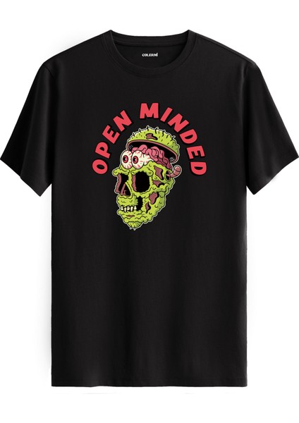 Open Minded Kafatası Baskılı Tişört %100 Pamuk Sokak Modası Tshirt