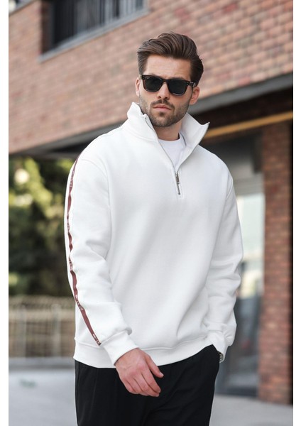 Ekru Fermuarlı Yarım Balıkçı Yaka Erkek Sweatshirt E7164