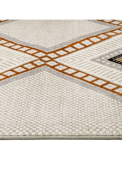 Prabhakar Krem Geometrik Etnik Modern Desenli Bambu Makinada Yıkanabilir Hav Toz Vermez Leke Tutmayan Kaymaz Taban Dijital Makine Baskı Salon Yolluk Mutfak Halı modelleri