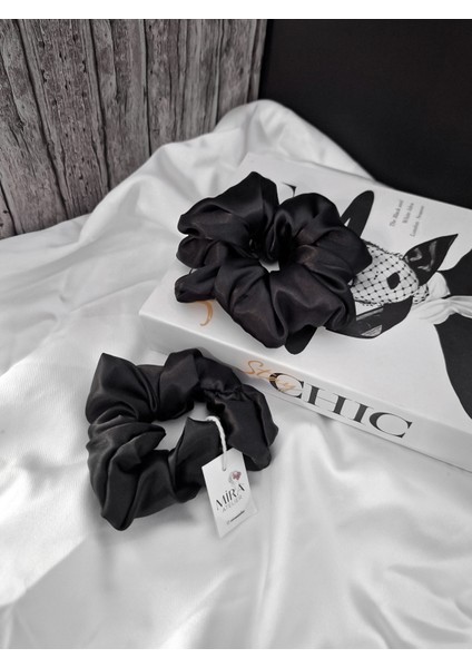 2'li Lüks Kadın Saten Toka – Sonsuz Siyah - Lastik Model Scrunchie - Anne Kız Kombini