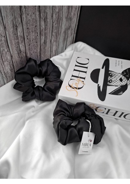 2'li Lüks Kadın Saten Toka – Sonsuz Siyah - Lastik Model Scrunchie - Anne Kız Kombini fiyatları