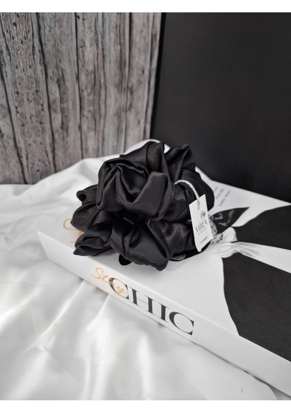 2'li Lüks Kadın Saten Toka – Sonsuz Siyah - Lastik Model Scrunchie - Anne Kız Kombini modelleri