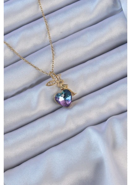 316L Çelik Zincir Altın Renk Mor Mavi Renk Zirkon Taşlı Kalp Detay Peri Kolye