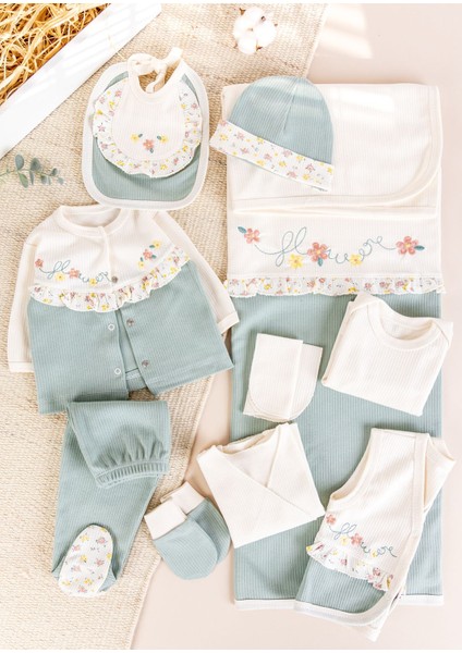 Çiçek Nakışlı Fırfırlı Pamuklu 10 Parça Kız Bebek Hastane Çıkışı Bebek Takımı