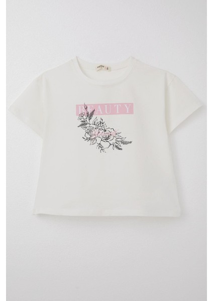 Kız Çocuk Tişört Çiçek Baskılı 8-14 Yaş, Ekru