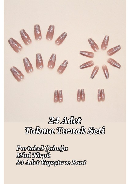 Orta Küt 24 Adet Takma Tırnak Seti Simli ve Yıldızlı Tırnak R737 fiyatları