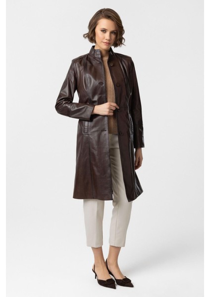 Kahve Laura Uzun Kadın Düğmeli Dar Fit Kesim Astarlı Uzun Hakiki Deri Kaban modelleri