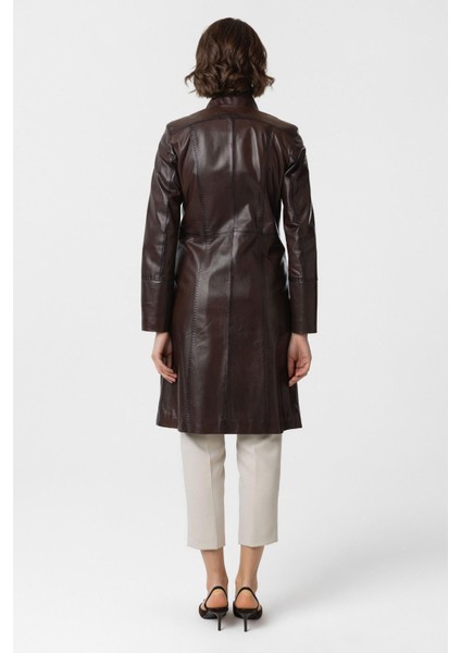 Kahve Laura Uzun Kadın Düğmeli Dar Fit Kesim Astarlı Uzun Hakiki Deri Kaban indirimleri