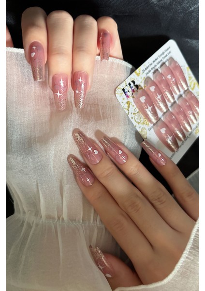 Orta Küt 24 Adet Takma Tırnak Seti Simli ve Yıldızlı Tırnak R737