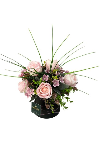 Pembe Gül Aranjmanı Siyah Cam Vazoda 26X26 cm | Dekoratif Yapay Çiçek & Hediye Seçeneği