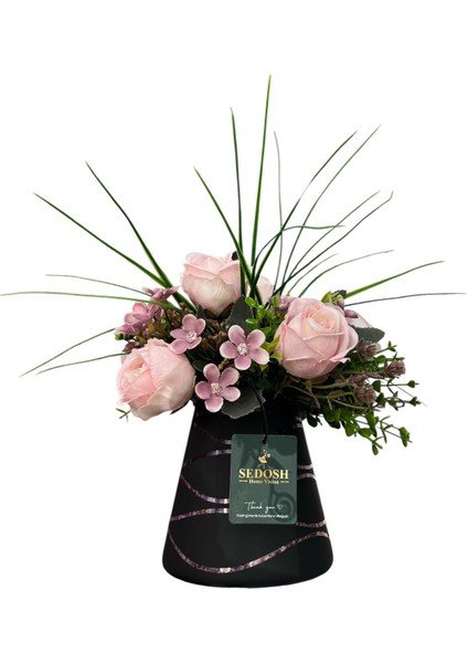 Pembe Gül Aranjmanı Siyah Cam Vazoda 26X26 cm | Dekoratif Yapay Çiçek & Hediye Seçeneği fiyatları