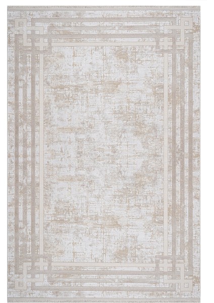 Elsan Çerçeveli Bej Örgü Dikdörtgen Modern Desenli Akrilik Hav Vermeyen Leke Tutmayan Kolay Temizlenen Yumuşak Makine Salon Yolluk Mutfak Halı