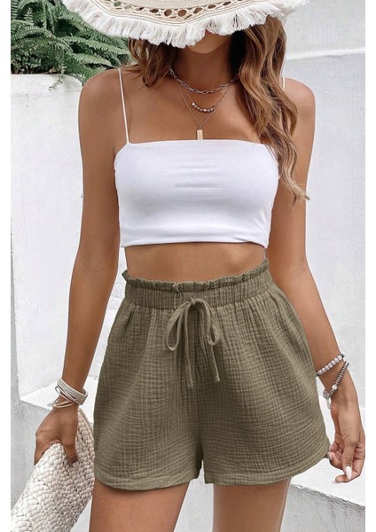 Kadın Cotton Müslin Tatil Ev Içi/dışı Kullanım Cepsiz Beli Bağcıklı Şort