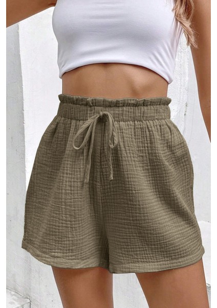 Kadın Cotton Müslin Tatil Ev Içi/dışı Kullanım Cepsiz Beli Bağcıklı Şort modelleri