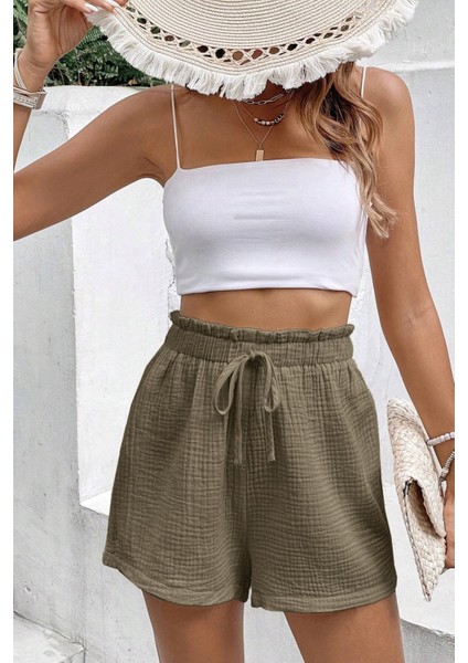 Kadın Cotton Müslin Tatil Ev Içi/dışı Kullanım Cepsiz Beli Bağcıklı Şort indirimleri