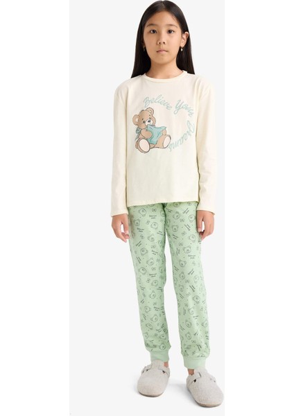 Kız Çocuk Pijama Takımı Baskılı Uzun Kollu Üst Desenli Uzun Alt F6219A825WN