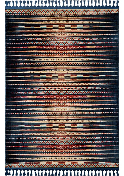 Prateeksha Lacivert Modern Etnik Desenli Kadife Makinada Yıkanabilir Hav Toz Vermez Leke Tutmayan Kaymaz Taban Dijital Makine Baskı Salon Yolluk Mutfak Halı