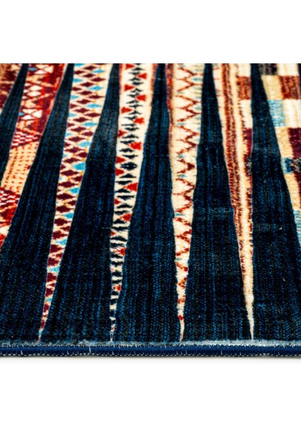 Prateeksha Lacivert Modern Etnik Desenli Kadife Makinada Yıkanabilir Hav Toz Vermez Leke Tutmayan Kaymaz Taban Dijital Makine Baskı Salon Yolluk Mutfak Halı modelleri