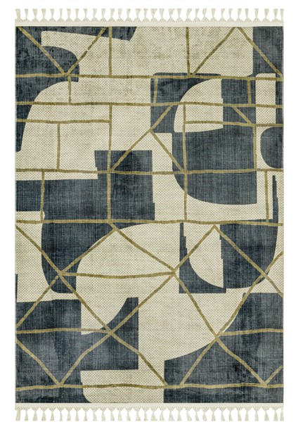 Pranathi Lacivert Geometrik Etnik Modern Desenli Bambu Makinada Yıkanabilir Hav Toz Vermez Leke Tutmayan Kaymaz Taban Dijital Makine Baskı Salon Yolluk Mutfak Halı