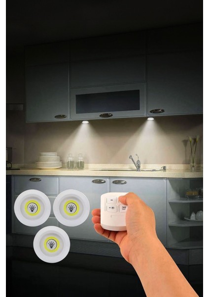 Uzaktan Kumandalı Yapışkanlı Kablosuz Pilli 3'lü Spot Lamba Beyaz Işıklı Mutfak Dolap Altı Işığı fırsatları