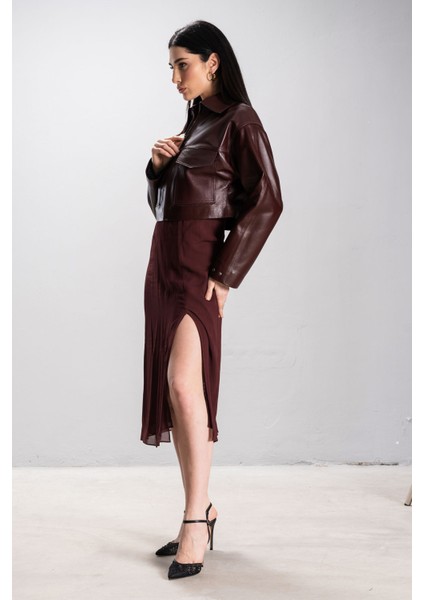 Detroit Kadın Crop Hakiki Deri Mont Bordo