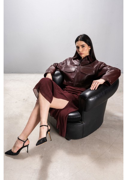 Detroit Kadın Crop Hakiki Deri Mont Bordo