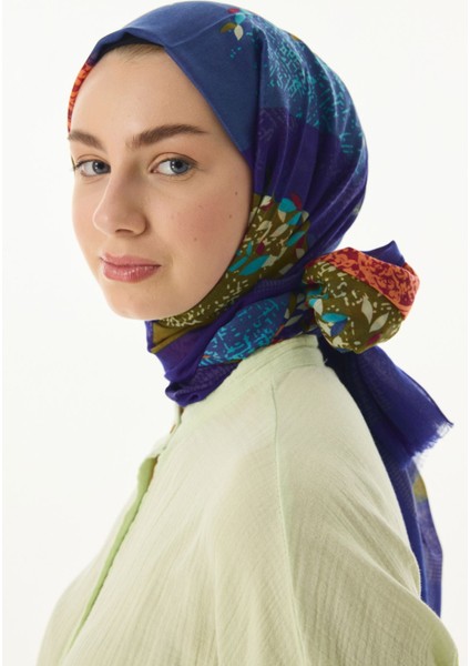 Faylinn Sarmaşık Desen Saks Mavi-Tarçın Pamuklu Şal