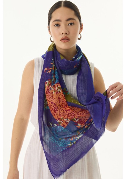 Faylinn Sarmaşık Desen Saks Mavi-Tarçın Pamuklu Şal