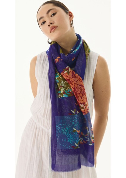 Faylinn Sarmaşık Desen Saks Mavi-Tarçın Pamuklu Şal