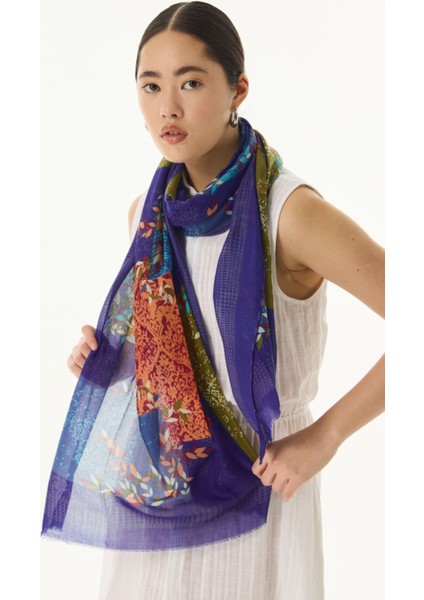 Faylinn Sarmaşık Desen Saks Mavi-Tarçın Pamuklu Şal
