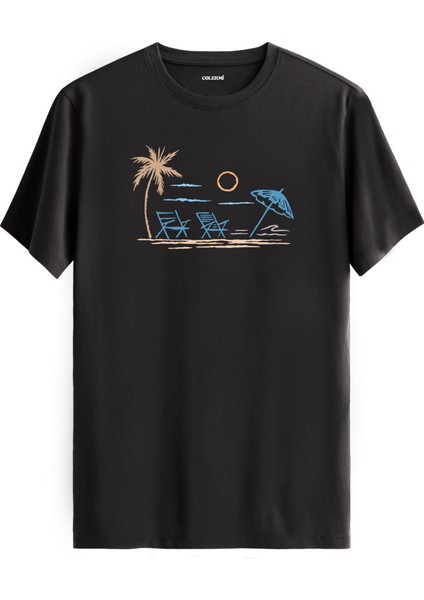 Palmiye Plaj Baskılı Yazlık Günlük Rahat Sokak Modası %100 Pamuk Tişört