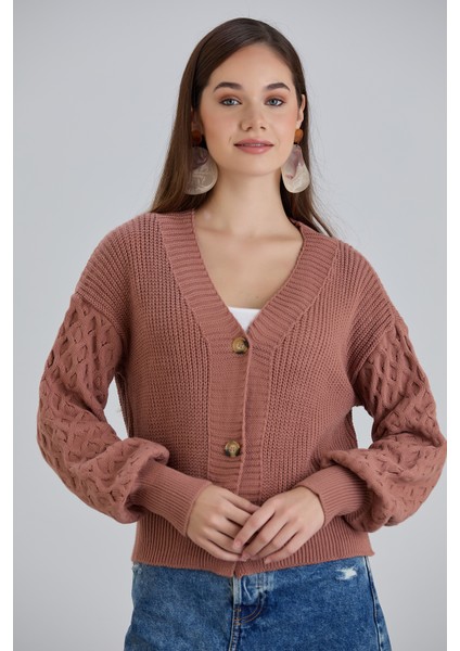 Kadın Balon Kol Örgü Desenli Crop Triko Hırka